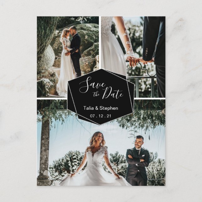 Modern Brush Script Couple 3 Photo Save Our Date Announcement Postcard (Front)