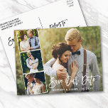 Modern Brush Script Couple 4 Photo Save Our Date Postcard<br><div class="desc">Modern Brush Script Save Our Date Engagement Couple 4 Photo Postcard - White Script</div>