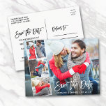 Modern Brush Script Couple 4 Photo Save The Date Postcard<br><div class="desc">Modern Brush Script Save The Date Engagement Couple 4 Photo Postcard - White Script</div>