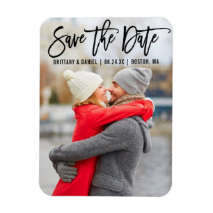 Modern Brush Script Couple Photo B Save The Date Magnet