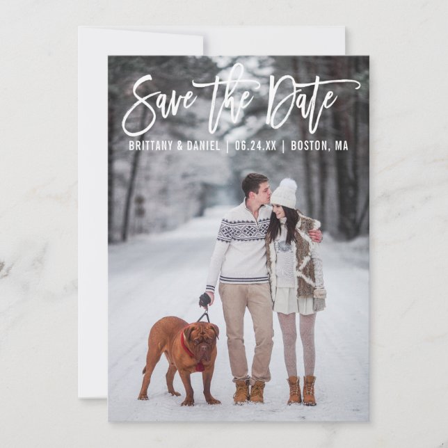 Modern Brush Script Couple Photo Save The Date (Front)