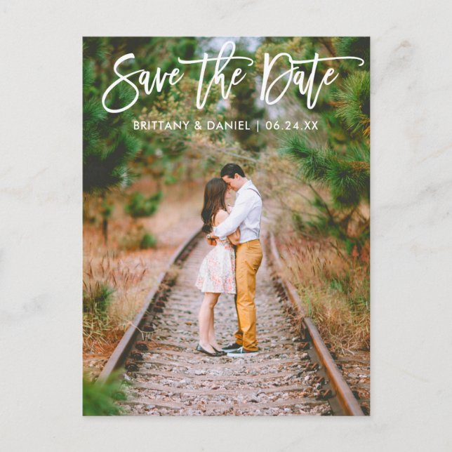 Modern Brush Script Couple Photo Save The Date Postcard (Front)