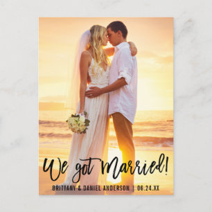 Modern  Brush Script Couple Photo We Got Married Postcard