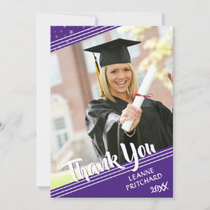 Modern Brush Script Diagonal Photo Stars Purple Thank You Card