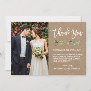 Modern Brush Script Eucalyptus Kraft Photo Thank You Card