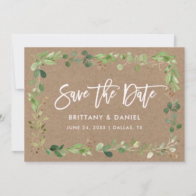 Modern Brush Script Eucalyptus Kraft Save The Date (Front)