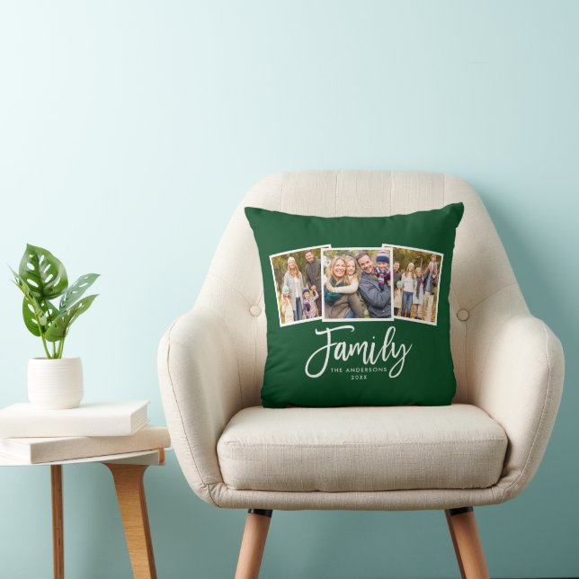 Modern Brush Script Family 3 Photo Green Cushion (Chair)