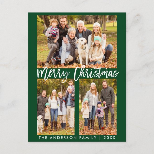 Modern Brush Script Family 3 Photo Merry Christmas Postcard (Front)