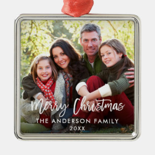 Modern Brush Script Family Photo Christmas Sq Metal Ornament