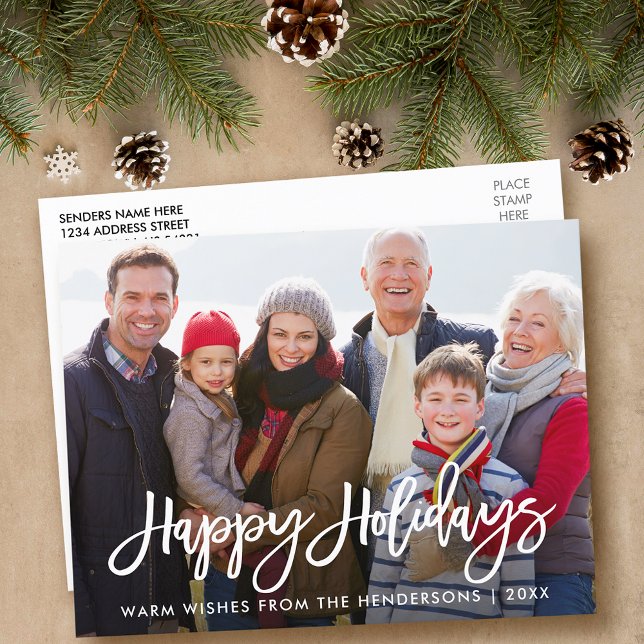 Modern Brush Script Family Photo Happy Holidays Postcard (Customize to change your personalized text size or text style.)