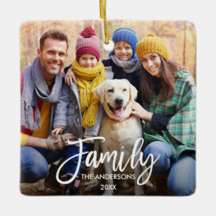 Modern Brush Script Family Photo Square Ceramic Ornament
