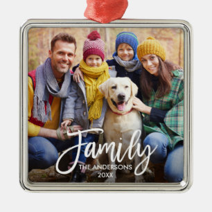 Modern Brush Script Family Photo Square Metal Ornament