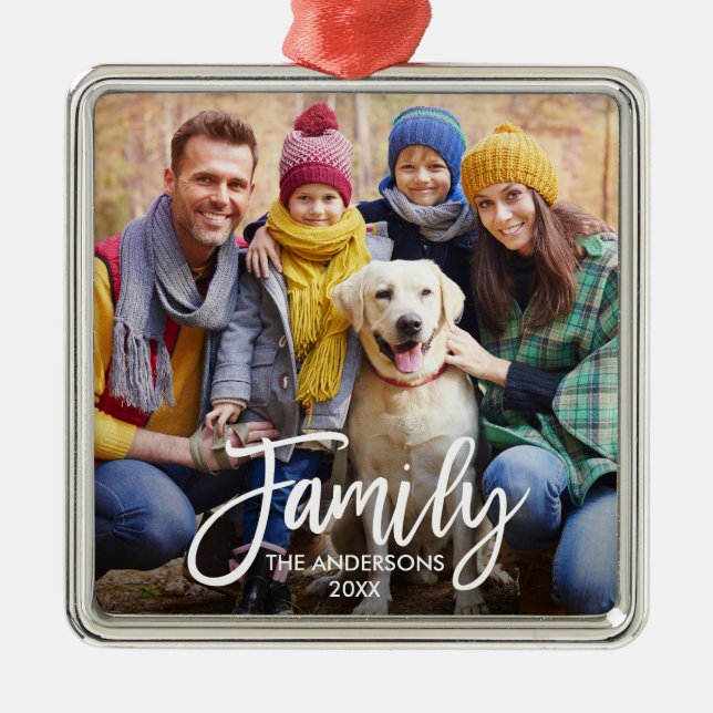 Modern Brush Script Family Photo Square Metal Ornament (Front)