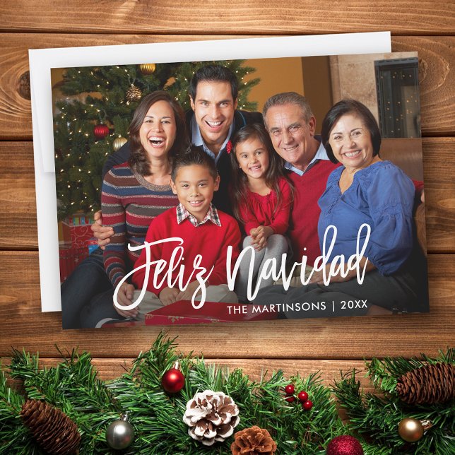 Modern Brush Script Feliz Navidad Family Photo Holiday Card (Customize to add text to back of card.)