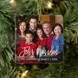 Modern Brush Script Feliz Navidad Photo Ceramic Ornament
