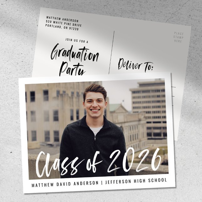 Modern Brush Script Framed Photo Graduation Party Postcard (Creator Uploaded)