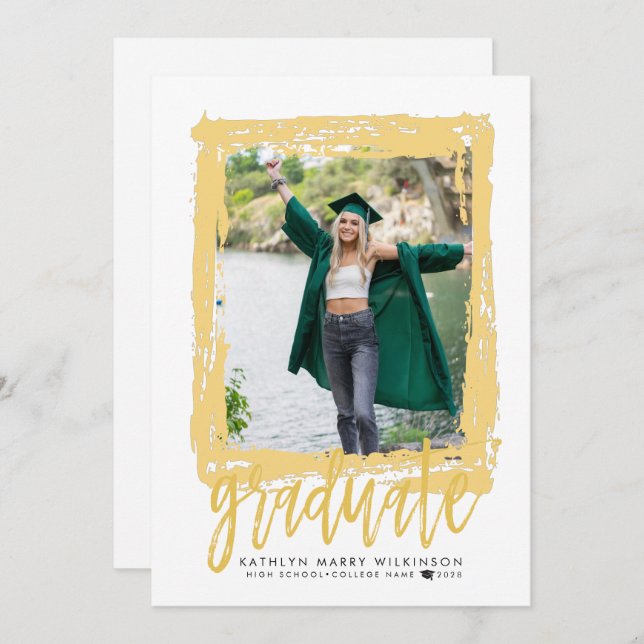 Modern Brush Script Gold 2 Photo Graduation Party Invitation (Front/Back)