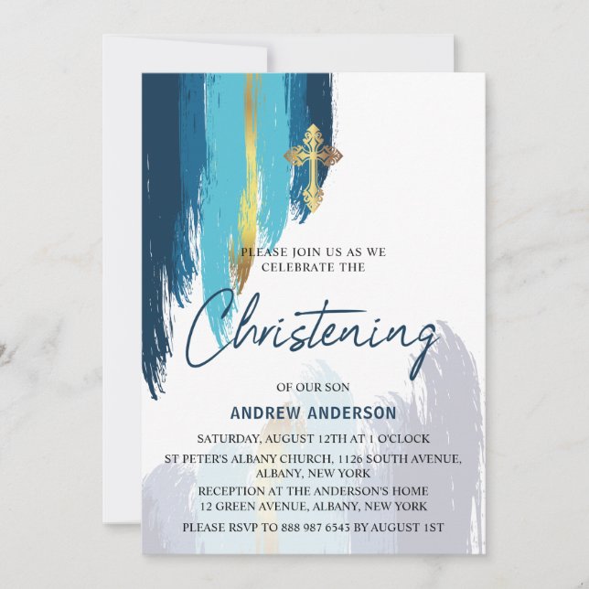 Modern Brush Script Gold And Blue Christening Invitation (Front)