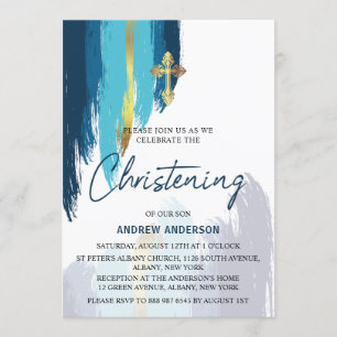 Modern Brush Script Gold And Blue Christening Invitation