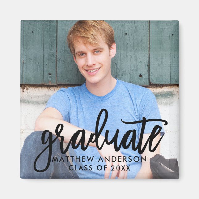 Modern Brush Script Graduation Announcement Square Magnet (Front)