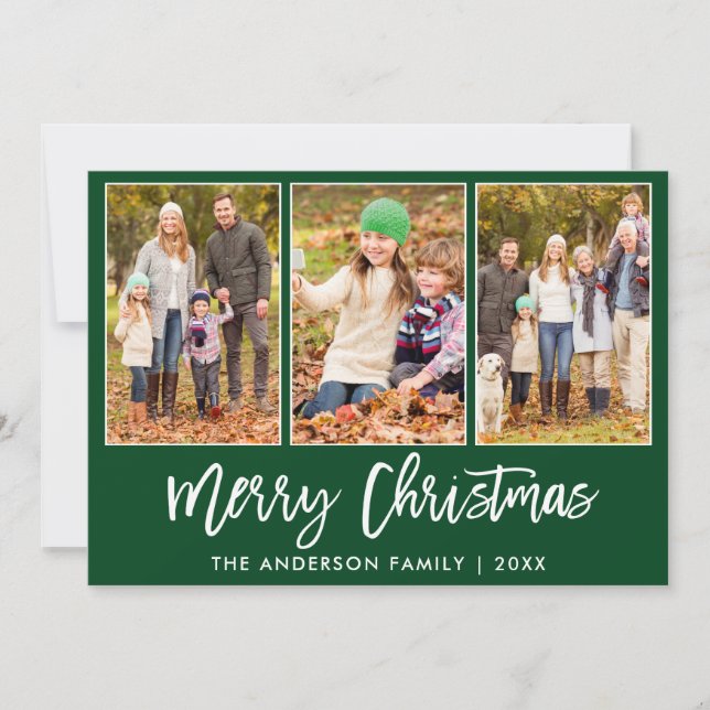 Modern Brush Script Green 3 Photo Christmas Truck Holiday Card (Front)