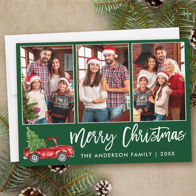 Modern Brush Script Green 3 Photo Christmas Truck Holiday Card (Customize to add text to back of card.)