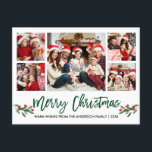 Modern Brush Script Green 5 Photo Family Christmas Postcard<br><div class="desc">Modern Brush Script 5 Photo Family Photo Collage Merry Christmas Postcard includes Watercolor Christmas Holly Berries - Green Script</div>