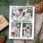 Modern Brush Script Green Happy Holidays 3 Photo Postcard<br><div class="desc">Modern Brush Script Happy Holidays 3 Photo Postcard</div>