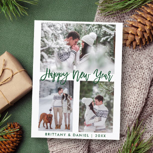 Modern Brush Script Green Happy New Year 3 Photo Postcard