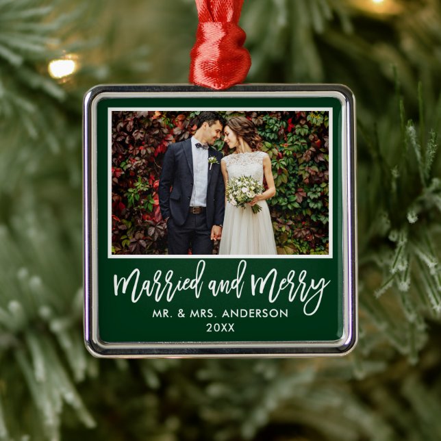 Modern Brush Script Green Married and Merry Metal Ornament (Tree)