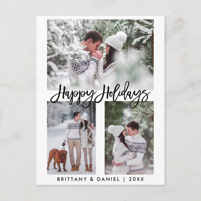 Modern Brush Script Happy Holidays 3 Photo Holiday Postcard (Front)