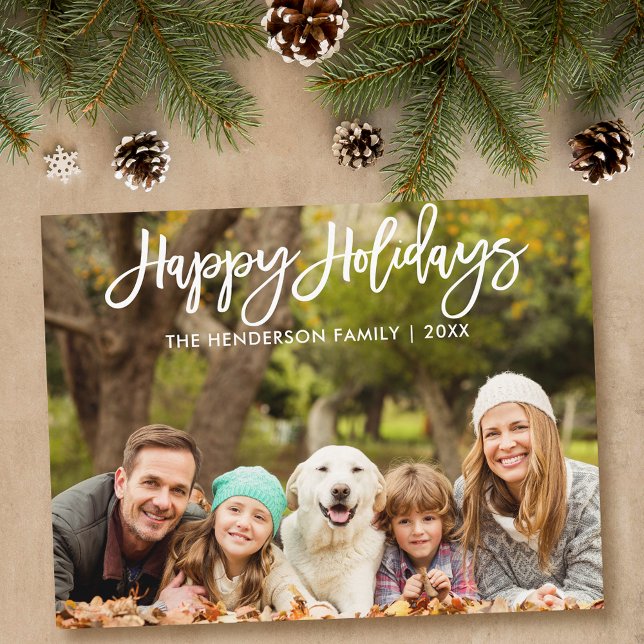 Modern Brush Script Happy Holidays Family Photo Postcard (Customize to change your personalized text size or text style.)