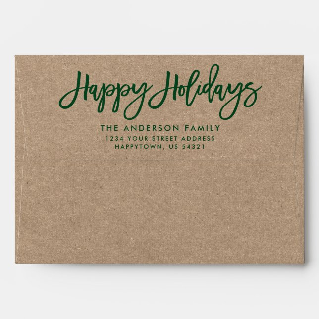 Modern Brush Script Happy Holidays Kraft Green Envelope (Back (Top Flap))