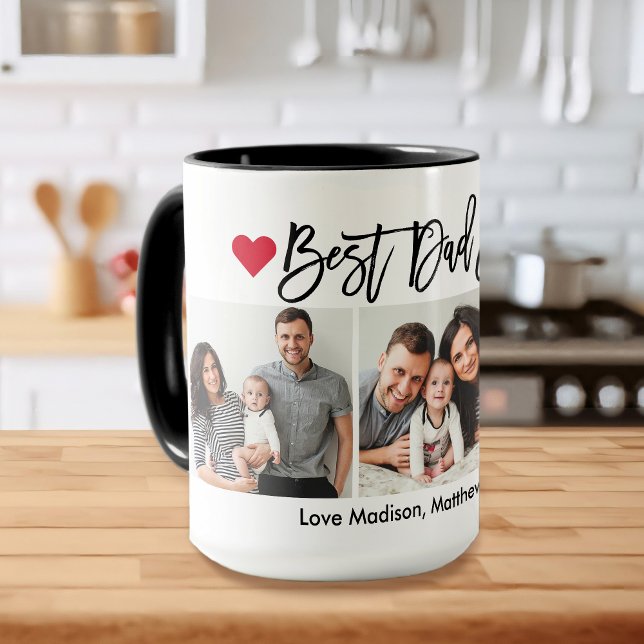 Modern Brush Script Hearts 3 Photo Best Dad Ever Mug (Customize to change your personalized text size or text style.)