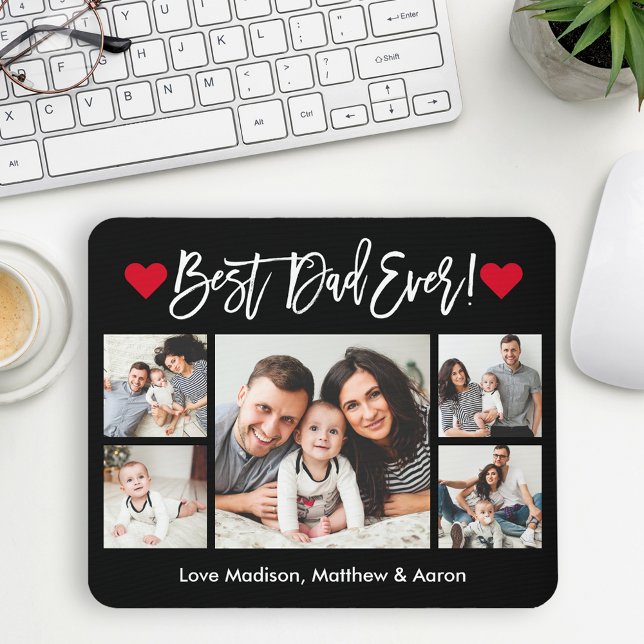 Modern Brush Script Hearts 5 Photos Best Dad Ever Mouse Pad (Customize to change your personalized text size or text style.)