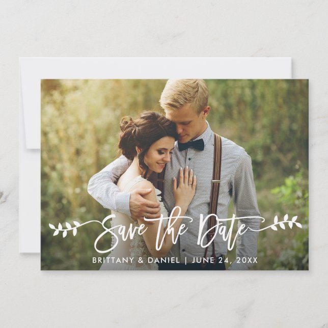 Modern Brush Script Leaves Photo Save The Date (Front)