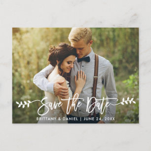 Modern Brush Script Leaves Photo Save The Date Postcard