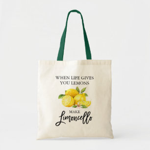 Modern Brush Script Limoncello Lemons Green Handle Tote Bag