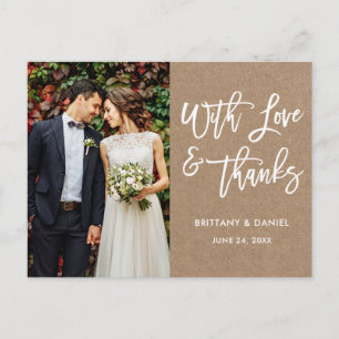 Modern Brush Script Love and Thanks Wedding Kraft Postcard