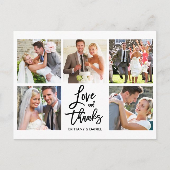 Modern Brush Script Love Thanks 5 Photo Wedding Postcard (Front)
