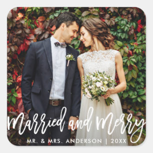 Modern Brush Script Married and Merry Christmas Square Sticker