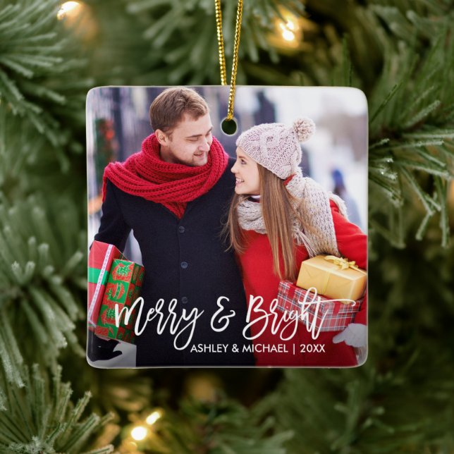 Modern Brush Script Merry and Bright Couple Photo Ceramic Ornament (Tree)