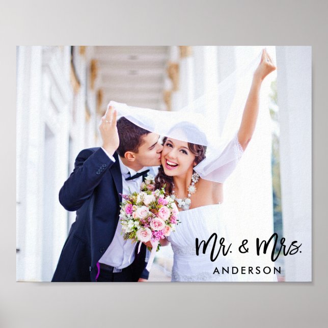 Modern Brush Script Mr. and Mrs. Wedding Photo Poster (Front)
