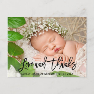 Modern Brush Script New Baby Love and Thanks Blk Announcement Postcard