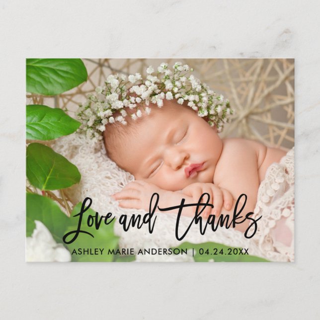 Modern Brush Script New Baby Love and Thanks Blk Announcement Postcard (Front)