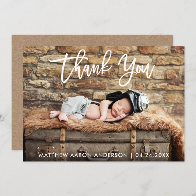 Modern Brush Script New Baby Thank You Kraft Card (Front/Back)