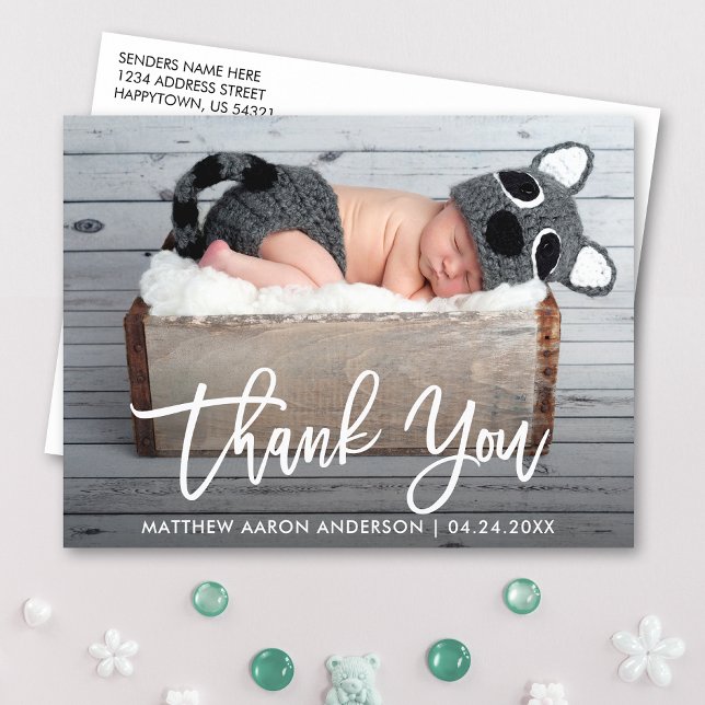 Modern Brush Script New Baby Thank You Wht Postcard (Customize to change your personalized text size or text style.)