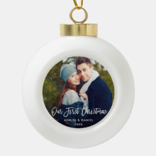 Modern Brush Script Our First Christmas Couple Ceramic Ball Christmas Ornament