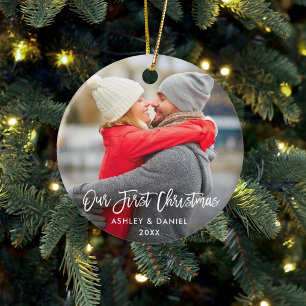 Modern Brush Script Our First Christmas Couple Ceramic Ornament