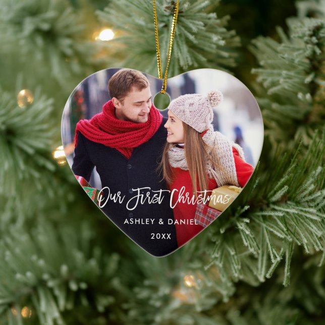 Modern Brush Script Our First Christmas Couple H Ceramic Ornament (Tree)
